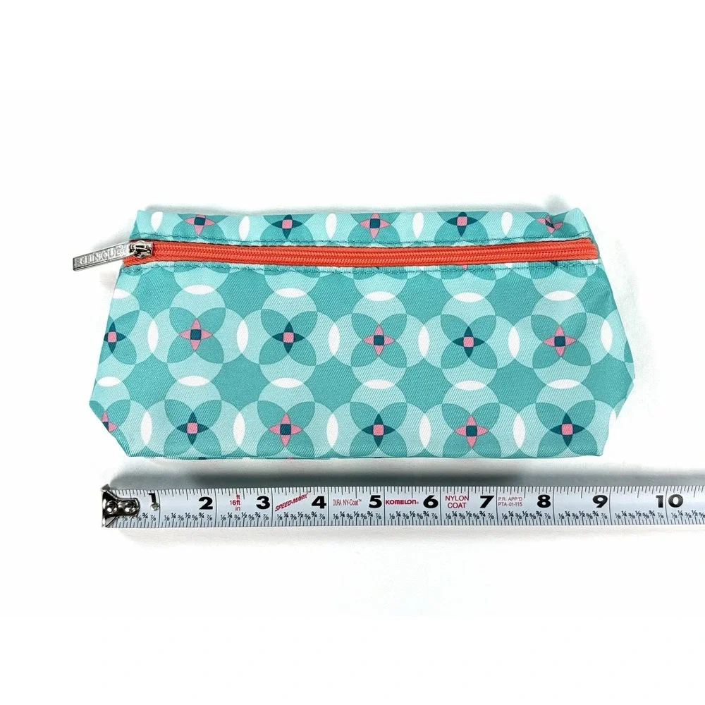 Clinique Cosmetic Pouch Makeup Bag Teal Geometric Circle Print Orange Zip New